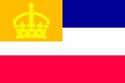 Bandera Horizontal tricolor (Azul-Blanco-Rojo) con un cantón naranja en la esquina superior derecha con una corona amarilla en el centro.